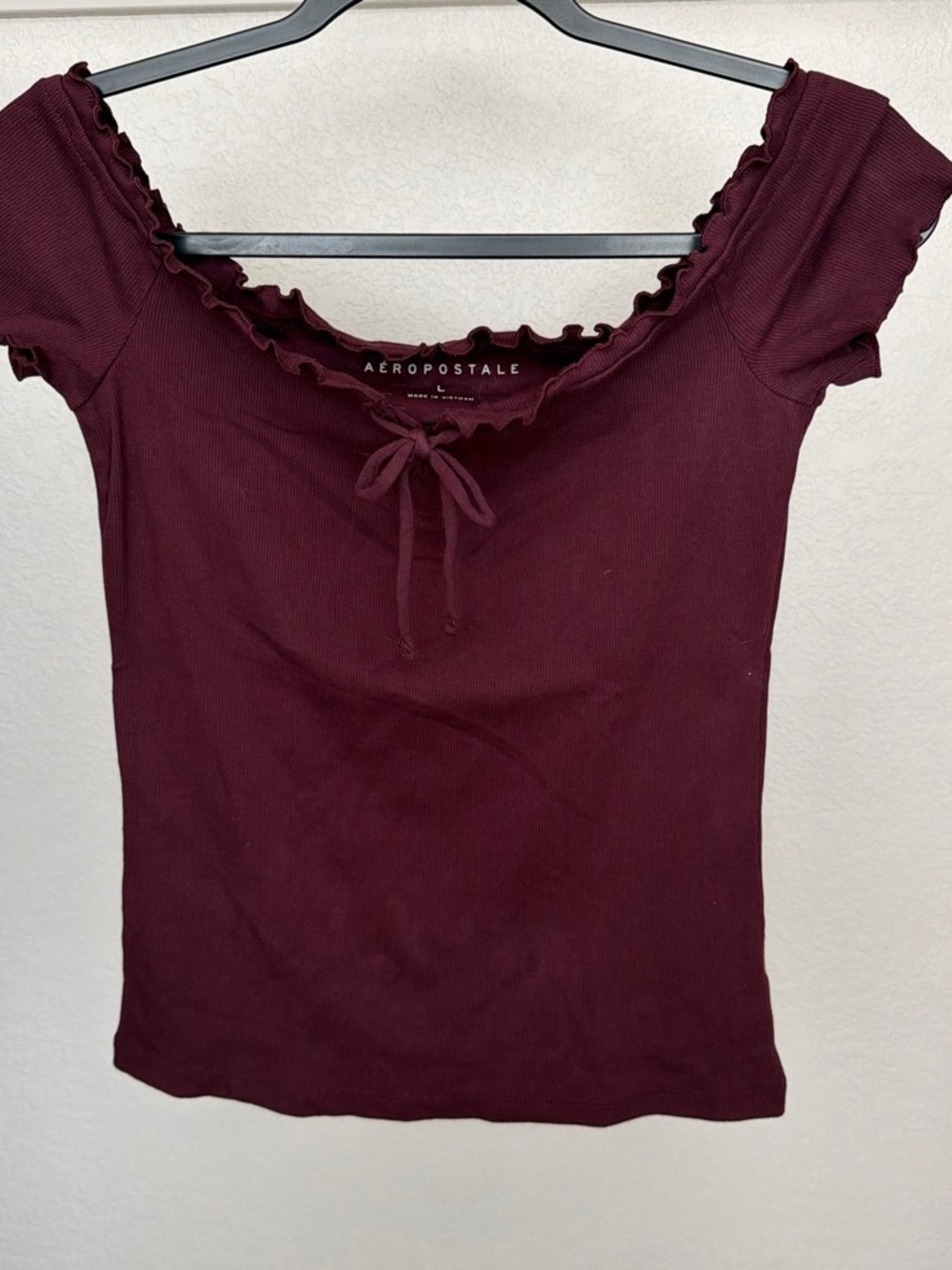 Aeropostale Women's Wine Burgundy Ruffle Scoop Tie Short Sleeve Top